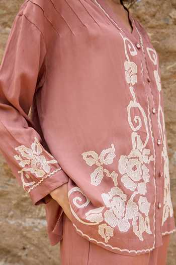 Ayaka_Brown Cotton V-neck Hand Embroidered Top With Pant _at_Aza_Fashions