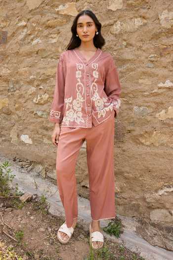 Buy_Ayaka_Brown Cotton V-neck Hand Embroidered Top With Pant 