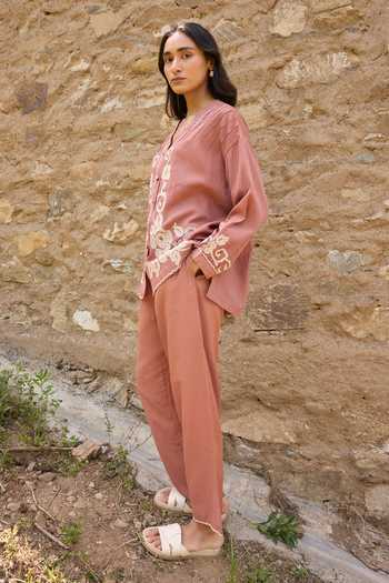 Shop_Ayaka_Brown Cotton V-neck Hand Embroidered Top With Pant 