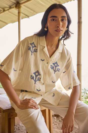 Ayaka Off White Cotton Collared Neck Hand Embroidered Shirt With Trouser Online at Aza Fashions Ayaka_Off White Cotton Collared Neck Hand Embroidered Shirt With Trouser _Online_at_Aza_Fashions
