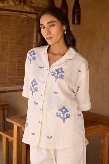 Buy Ayaka Off White Cotton Collared Neck Hand Embroidered Shirt With Trouser Online at Aza Fashions Buy_Ayaka_Off White Cotton Collared Neck Hand Embroidered Shirt With Trouser _Online_at_Aza_Fashions