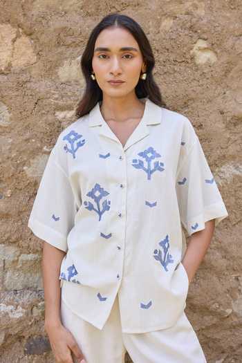 Shop Ayaka Off White Cotton Collared Neck Hand Embroidered Shirt With Trouser Online at Aza Fashions Shop_Ayaka_Off White Cotton Collared Neck Hand Embroidered Shirt With Trouser _Online_at_Aza_Fashions