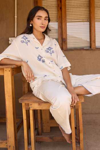 Ayaka Off White Cotton Collared Neck Hand Embroidered Shirt With Trouser at Aza Fashions Ayaka_Off White Cotton Collared Neck Hand Embroidered Shirt With Trouser _at_Aza_Fashions