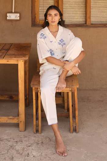 Buy Ayaka Off White Cotton Collared Neck Hand Embroidered Shirt With Trouser Buy_Ayaka_Off White Cotton Collared Neck Hand Embroidered Shirt With Trouser