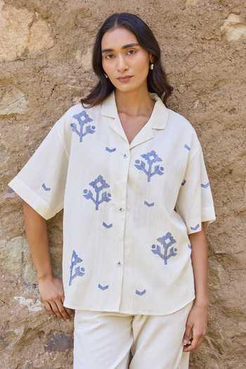 Shop Ayaka Off White Cotton Collared Neck Hand Embroidered Shirt With Trouser Shop_Ayaka_Off White Cotton Collared Neck Hand Embroidered Shirt With Trouser