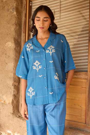 Ayaka Blue Cotton Collared Neck Hand Embroidered Shirt With Trouser Online at Aza Fashions Ayaka_Blue Cotton Collared Neck Hand Embroidered Shirt With Trouser _Online_at_Aza_Fashions