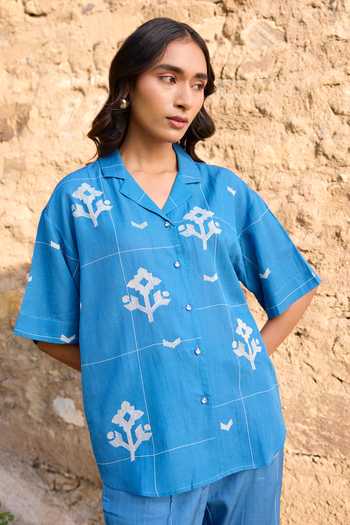 Buy Ayaka Blue Cotton Collared Neck Hand Embroidered Shirt With Trouser Online at Aza Fashions Buy_Ayaka_Blue Cotton Collared Neck Hand Embroidered Shirt With Trouser _Online_at_Aza_Fashions