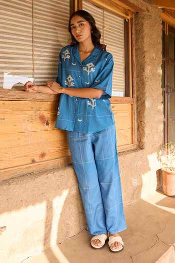 Shop Ayaka Blue Cotton Collared Neck Hand Embroidered Shirt With Trouser Online at Aza Fashions Shop_Ayaka_Blue Cotton Collared Neck Hand Embroidered Shirt With Trouser _Online_at_Aza_Fashions