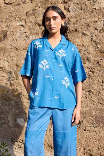 Ayaka Blue Cotton Collared Neck Hand Embroidered Shirt With Trouser at Aza Fashions Ayaka_Blue Cotton Collared Neck Hand Embroidered Shirt With Trouser _at_Aza_Fashions
