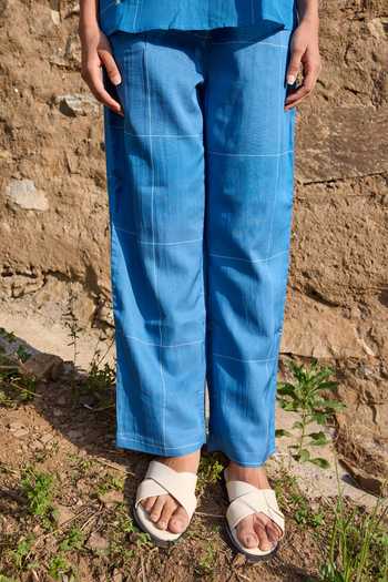 Buy Ayaka Blue Cotton Collared Neck Hand Embroidered Shirt With Trouser Buy_Ayaka_Blue Cotton Collared Neck Hand Embroidered Shirt With Trouser