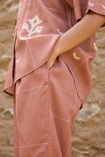 Ayaka_Brown Cotton Collared Neck Hand Embroidered Shirt With Pant _Online_at_Aza_Fashions