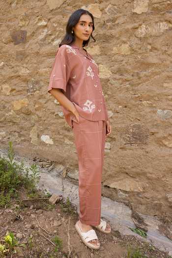 Buy_Ayaka_Brown Cotton Collared Neck Hand Embroidered Shirt With Pant _Online_at_Aza_Fashions