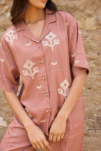 Shop_Ayaka_Brown Cotton Collared Neck Hand Embroidered Shirt With Pant _Online_at_Aza_Fashions