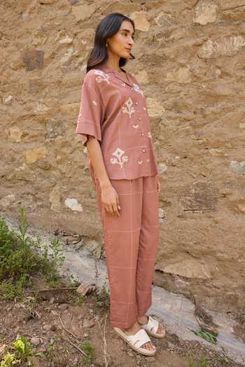 Ayaka_Brown Cotton Collared Neck Hand Embroidered Shirt With Pant _at_Aza_Fashions