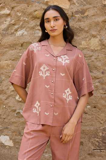 Buy_Ayaka_Brown Cotton Collared Neck Hand Embroidered Shirt With Pant 