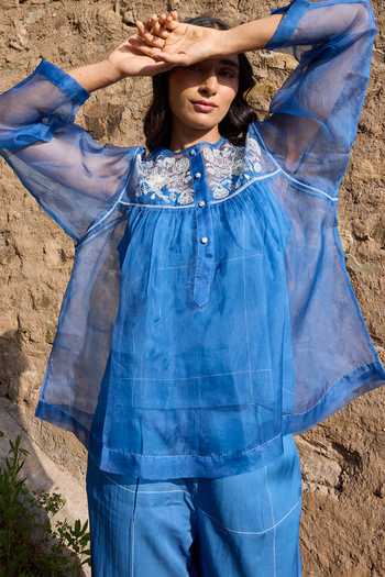 Ayaka Blue Cotton, Silk Organza Round Neck Contrast Yoke Top Pant Set Online at Aza Fashions Ayaka_Blue Cotton, Silk Organza Round Neck Contrast Yoke Top Pant Set _Online_at_Aza_Fashions