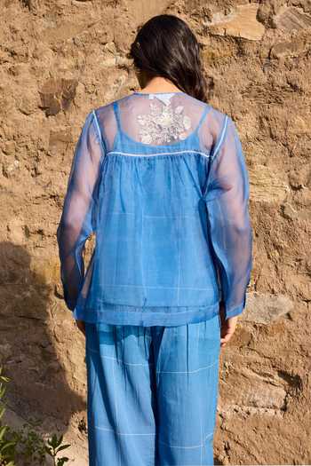 Buy Ayaka Blue Cotton, Silk Organza Round Neck Contrast Yoke Top Pant Set Online at Aza Fashions Buy_Ayaka_Blue Cotton, Silk Organza Round Neck Contrast Yoke Top Pant Set _Online_at_Aza_Fashions