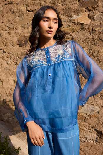 Shop Ayaka Blue Cotton, Silk Organza Round Neck Contrast Yoke Top Pant Set Online at Aza Fashions Shop_Ayaka_Blue Cotton, Silk Organza Round Neck Contrast Yoke Top Pant Set _Online_at_Aza_Fashions