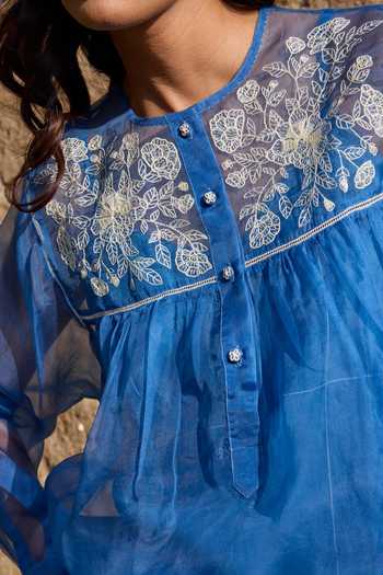 Ayaka Blue Cotton, Silk Organza Round Neck Contrast Yoke Top Pant Set at Aza Fashions Ayaka_Blue Cotton, Silk Organza Round Neck Contrast Yoke Top Pant Set _at_Aza_Fashions