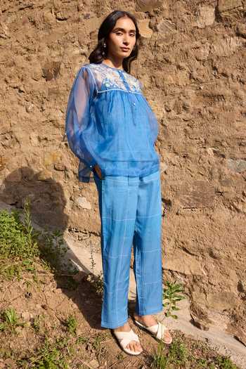 Buy Ayaka Blue Cotton, Silk Organza Round Neck Contrast Yoke Top Pant Set Buy_Ayaka_Blue Cotton, Silk Organza Round Neck Contrast Yoke Top Pant Set