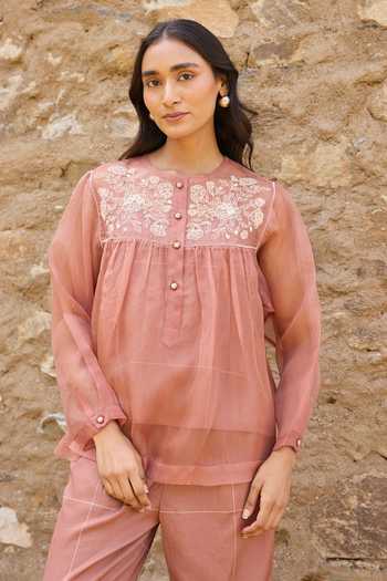 Ayaka_Brown Cotton, Silk Organza Round Neck Hand Embroidered Top Pant Set _Online_at_Aza_Fashions