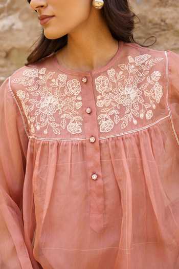 Shop_Ayaka_Brown Cotton, Silk Organza Round Neck Hand Embroidered Top Pant Set _Online_at_Aza_Fashions