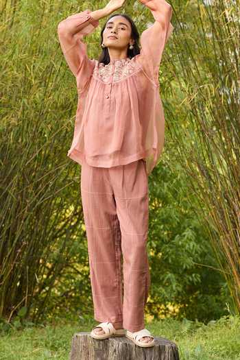 Ayaka_Brown Cotton, Silk Organza Round Neck Hand Embroidered Top Pant Set _at_Aza_Fashions