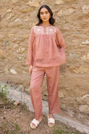 Buy_Ayaka_Brown Cotton, Silk Organza Round Neck Hand Embroidered Top Pant Set 