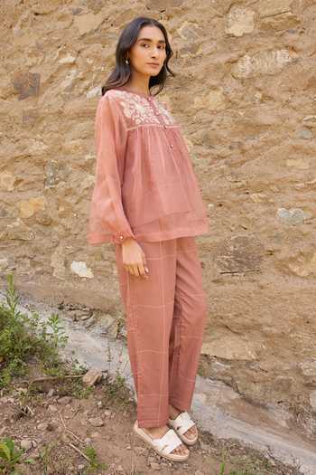 Shop_Ayaka_Brown Cotton, Silk Organza Round Neck Hand Embroidered Top Pant Set 