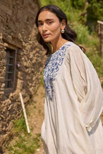 Ayaka Off White Cotton, Chanderi Round Neck Hand Embroidered Panel Mul Midi Dress Online at Aza Fashions Ayaka_Off White Cotton, Chanderi Round Neck Hand Embroidered Panel Mul Midi Dress _Online_at_Aza_Fashions