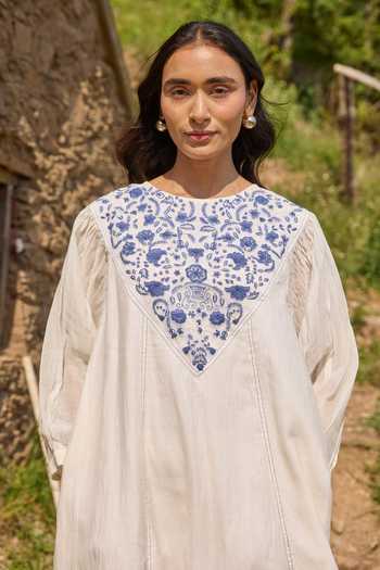 Buy Ayaka Off White Cotton, Chanderi Round Neck Hand Embroidered Panel Mul Midi Dress Online at Aza Fashions Buy_Ayaka_Off White Cotton, Chanderi Round Neck Hand Embroidered Panel Mul Midi Dress _Online_at_Aza_Fashions