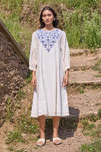 Shop Ayaka Off White Cotton, Chanderi Round Neck Hand Embroidered Panel Mul Midi Dress Online at Aza Fashions Shop_Ayaka_Off White Cotton, Chanderi Round Neck Hand Embroidered Panel Mul Midi Dress _Online_at_Aza_Fashions