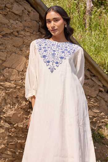 Ayaka Off White Cotton, Chanderi Round Neck Hand Embroidered Panel Mul Midi Dress at Aza Fashions Ayaka_Off White Cotton, Chanderi Round Neck Hand Embroidered Panel Mul Midi Dress _at_Aza_Fashions