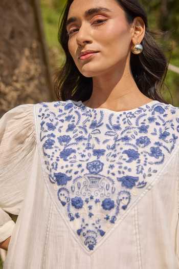 Buy Ayaka Off White Cotton, Chanderi Round Neck Hand Embroidered Panel Mul Midi Dress Buy_Ayaka_Off White Cotton, Chanderi Round Neck Hand Embroidered Panel Mul Midi Dress