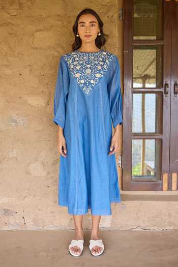 Ayaka_Blue Cotton, Chanderi Round Neck Hand Embroidered Panel Mul Dress _Online_at_Aza_Fashions
