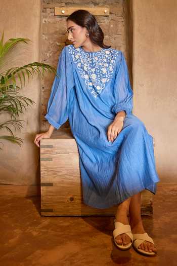 Buy_Ayaka_Blue Cotton, Chanderi Round Neck Hand Embroidered Panel Mul Dress _Online_at_Aza_Fashions