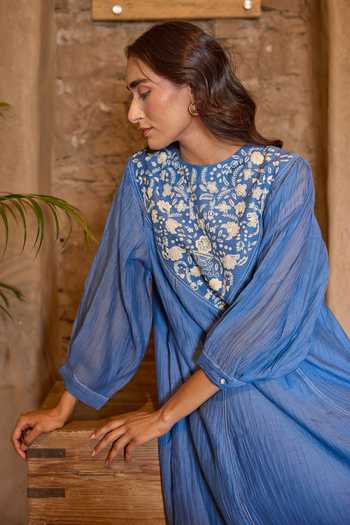 Shop_Ayaka_Blue Cotton, Chanderi Round Neck Hand Embroidered Panel Mul Dress _Online_at_Aza_Fashions