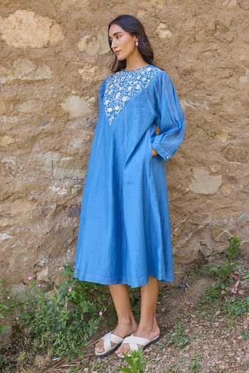 Ayaka_Blue Cotton, Chanderi Round Neck Hand Embroidered Panel Mul Dress _at_Aza_Fashions