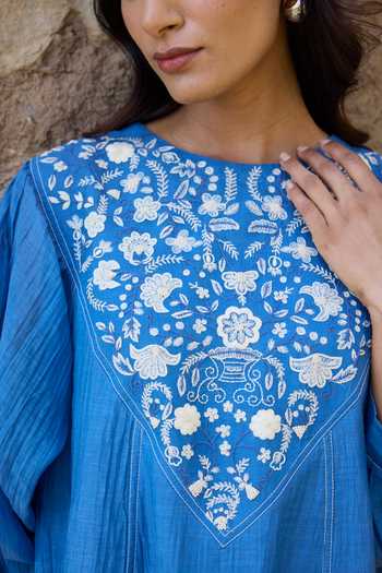 Buy_Ayaka_Blue Cotton, Chanderi Round Neck Hand Embroidered Panel Mul Dress 