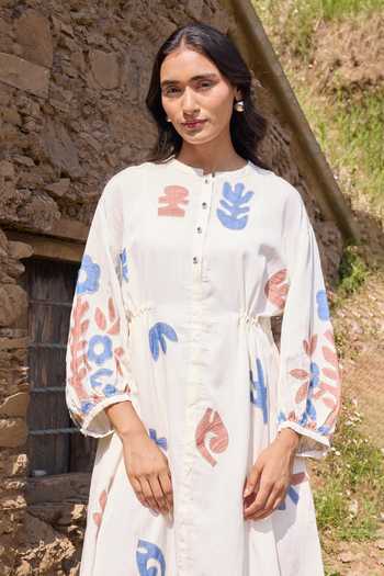 Ayaka_Off White Cotton Mandarin Collar Hand Applique Organic Dress And Slip Set _Online_at_Aza_Fashions