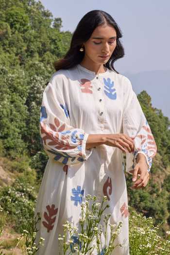 Buy_Ayaka_Off White Cotton Mandarin Collar Hand Applique Organic Dress And Slip Set _Online_at_Aza_Fashions