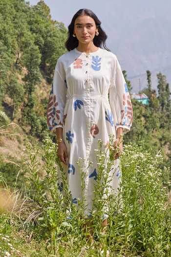 Shop_Ayaka_Off White Cotton Mandarin Collar Hand Applique Organic Dress And Slip Set _Online_at_Aza_Fashions