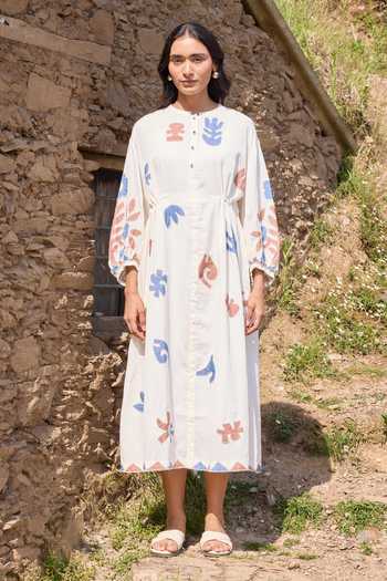 Ayaka_Off White Cotton Mandarin Collar Hand Applique Organic Dress And Slip Set _at_Aza_Fashions