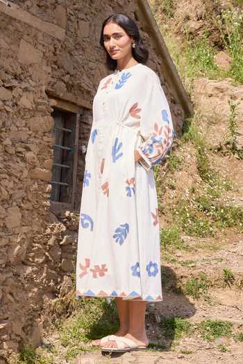 Shop_Ayaka_Off White Cotton Mandarin Collar Hand Applique Organic Dress And Slip Set 