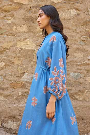 Ayaka_Blue Cotton Mandarin Collar Hand Embroidered Organic Dress _Online_at_Aza_Fashions