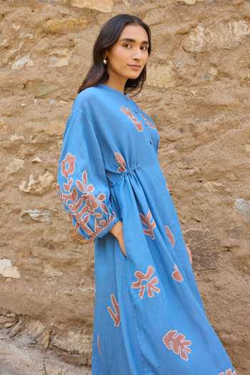 Buy_Ayaka_Blue Cotton Mandarin Collar Hand Embroidered Organic Dress _Online_at_Aza_Fashions