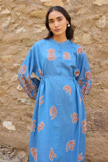 Shop_Ayaka_Blue Cotton Mandarin Collar Hand Embroidered Organic Dress _Online_at_Aza_Fashions