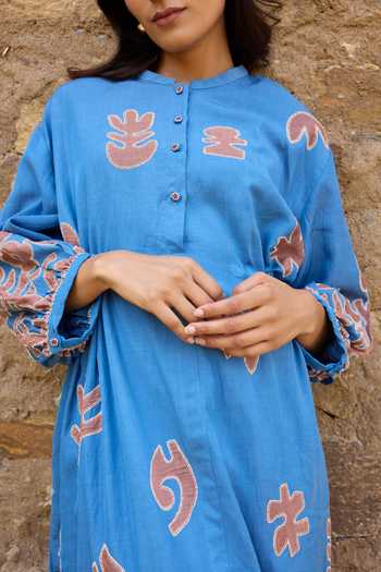Ayaka_Blue Cotton Mandarin Collar Hand Embroidered Organic Dress _at_Aza_Fashions