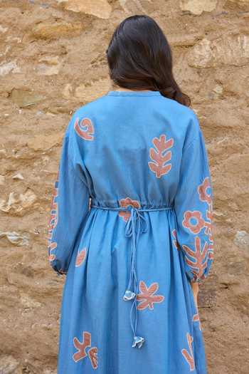 Buy_Ayaka_Blue Cotton Mandarin Collar Hand Embroidered Organic Dress 