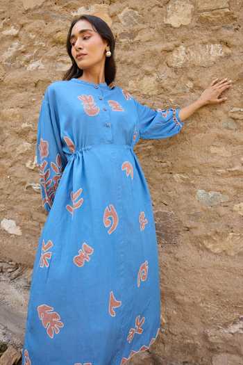 Shop_Ayaka_Blue Cotton Mandarin Collar Hand Embroidered Organic Dress 